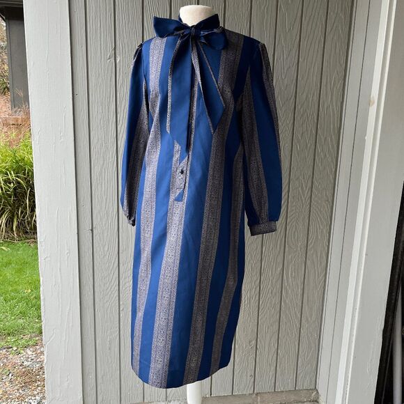 VTG Bayard Sport Blue Stripe Bow Tie Shirt Dress A-Line Made in USA L - Picture 1 of 13